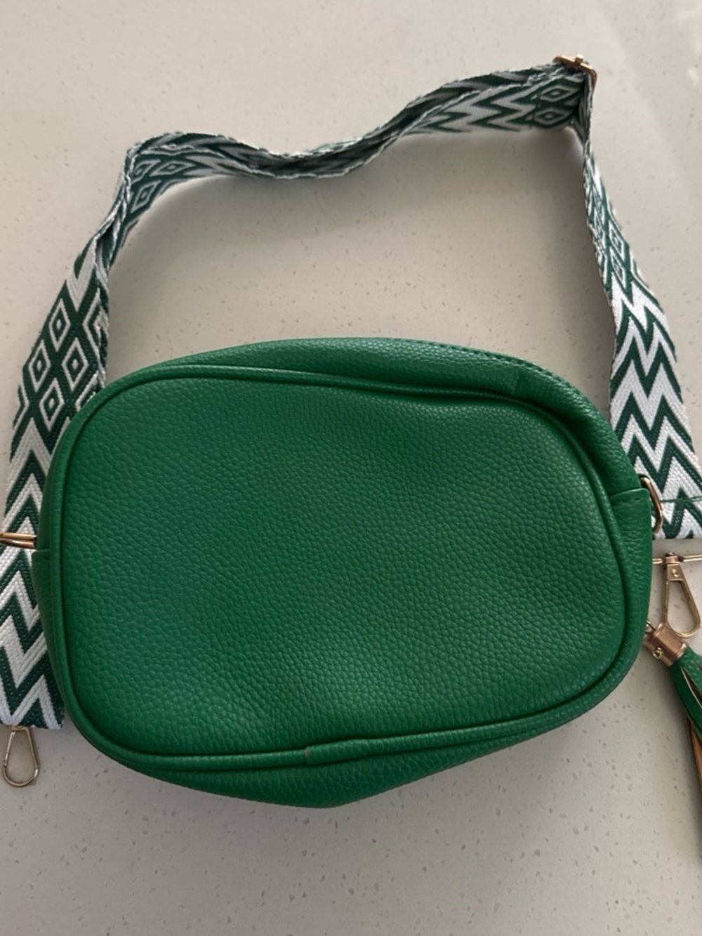 Green Crossbody Camera Bag with Patterned Strap